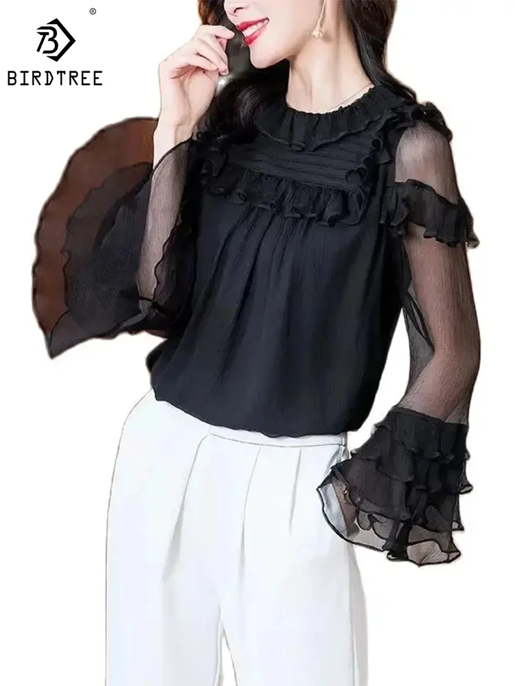 

Birdtree 100%Mulberry Silk Fashion Elegant Shirts Women Flare Sleeve Ruffles Designed Office Lady Blouse Spring Autumn T3N041QM