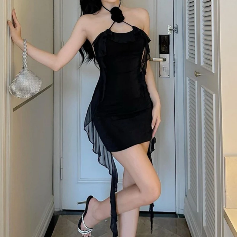 Summer Dress Women y2k Clothes Solid Color Sleeveless Backless Ruffled Tassel Mini Dress with 3D Flower Party Dresses