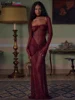Weird Puss Sexy Bright Silk 3 Piece Set Women Solid Collar+See Through Full Sleeve Shawl+Chest Wrap Patchwork Dress Long Bodycon 1