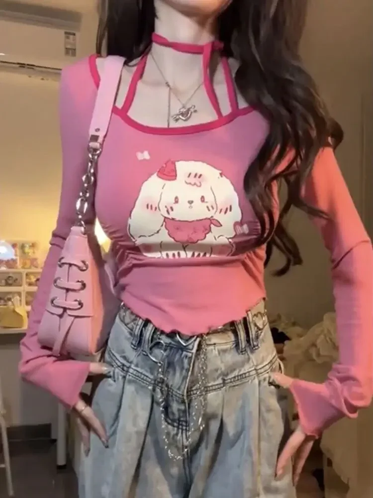 

Футболка женская с длинным рукавом, короткий топ с воротником-стойкой, с принтом милого кролика, приталенный силуэт, весна-лето