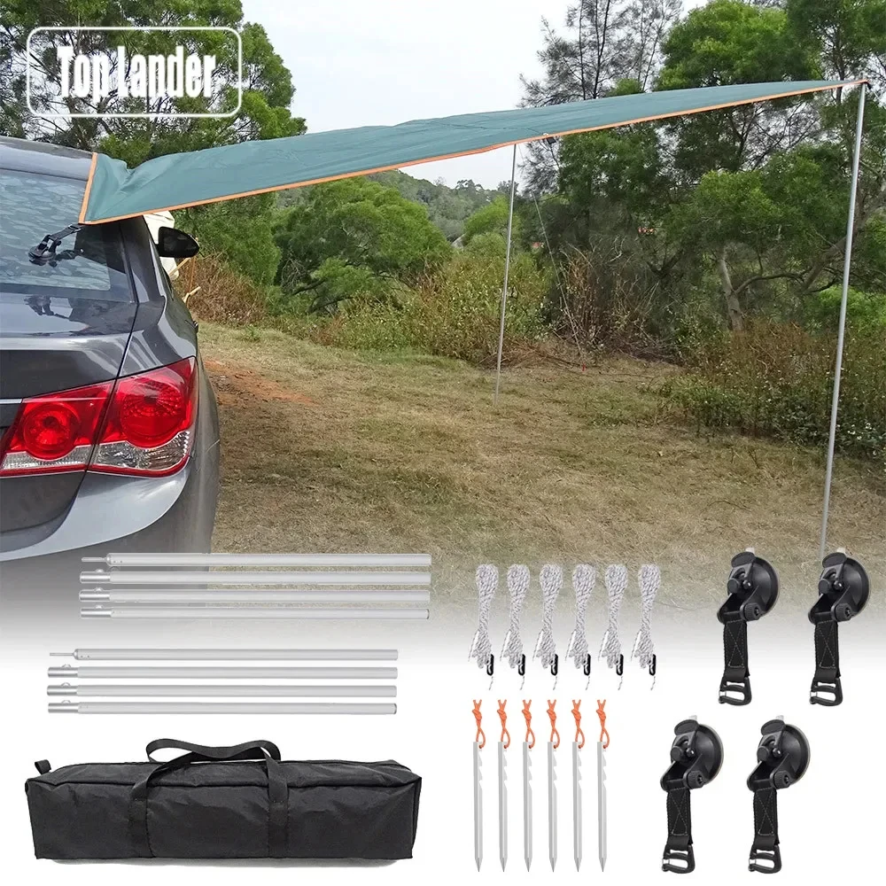 3x3m Car Side Awning with Pole Rope Peg Strong Suction Cup Anchor Outdoor Camping Tent Tarp Waterproof Canopy Shade Sun Shelter