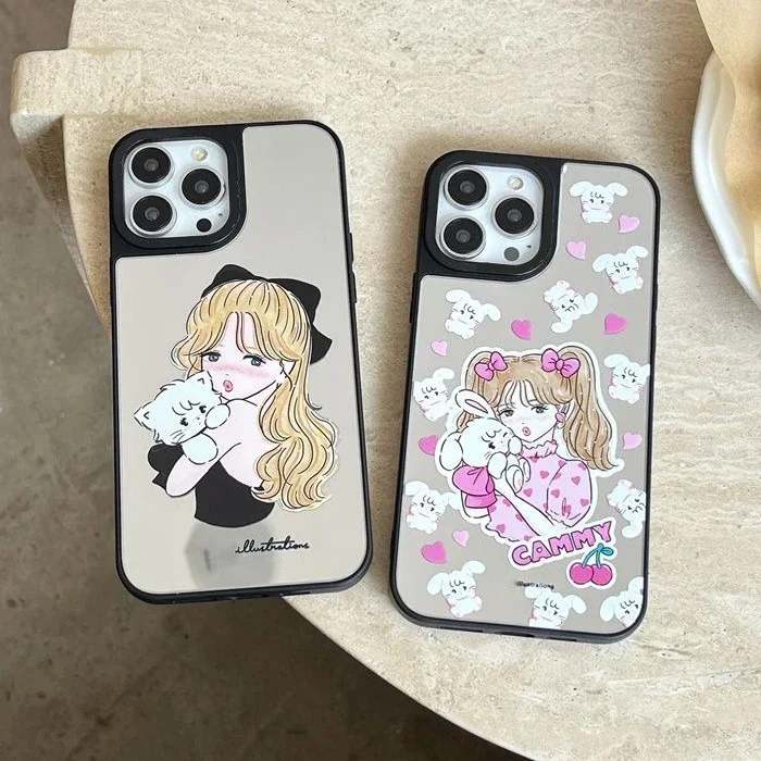 

Cartoon Girl Cat Mirror Surface Phone Case Cover for iPhone 11 12 13 14 15 Pro Max Case
