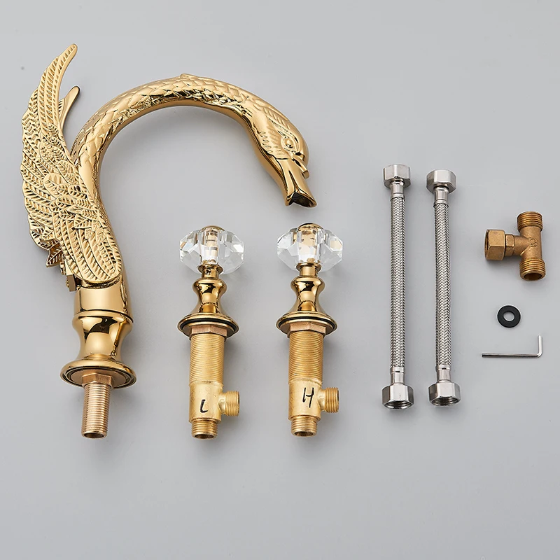 Golden Swan Shape Bathroom Faucet Basin Faucet Tap Bathtub Two Crystal Handles Hot Cold Mixer Crane Basin Tap