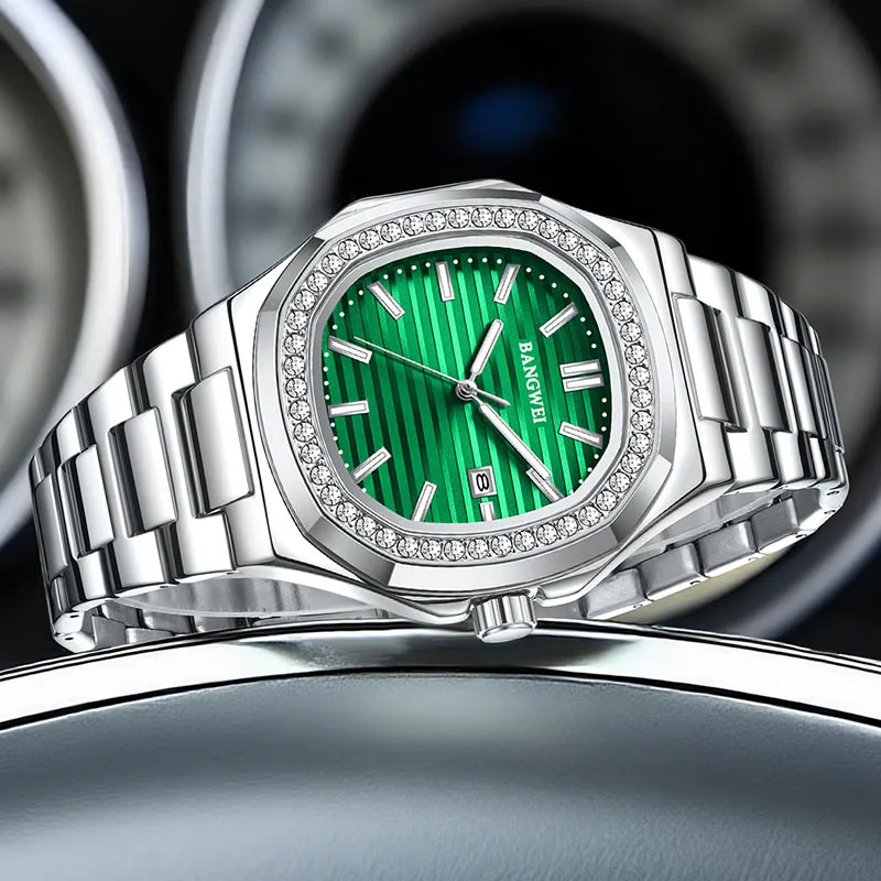 BANGWEI Square Quartz Watches For Men Silver Stainless Steel Waterproof Luminous Men Watch Casual Business Sport Date Watch Men