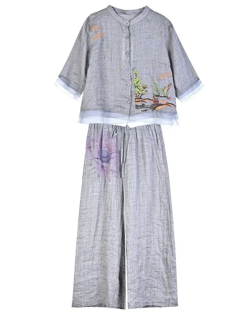Spring Summer Women Leisure Large Size 5XL 2PCS Middle Aged Mother Mother Cotton Linen Suit 2025 Female Embroidery Two-piece Set