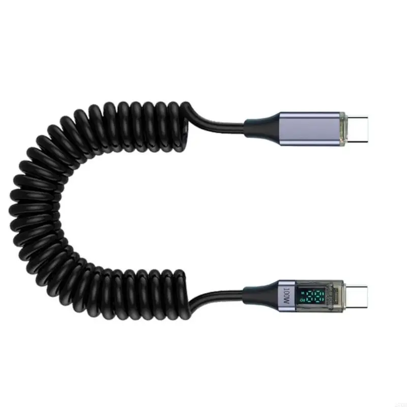 100W 초고속 USB C 케이블 스프링 코일 신축성 코드 디지털 디스플레이 안전 충전 휴대폰용 대용량 전원 공급