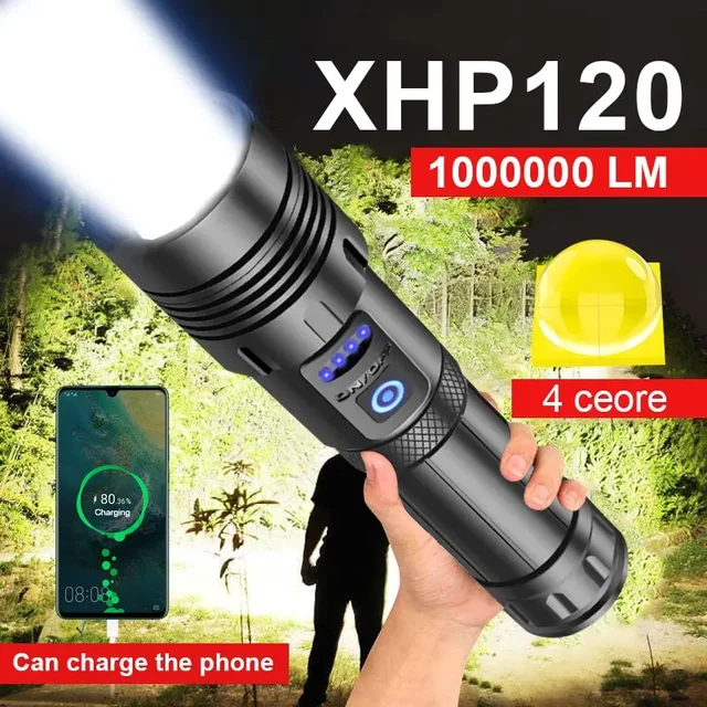 פנס חזק Super XHP120 עם מנורת LED XHP90 בעוצמה גבוהה, פנס טקטי נטען 18650 TYPE-C למחנאות 1