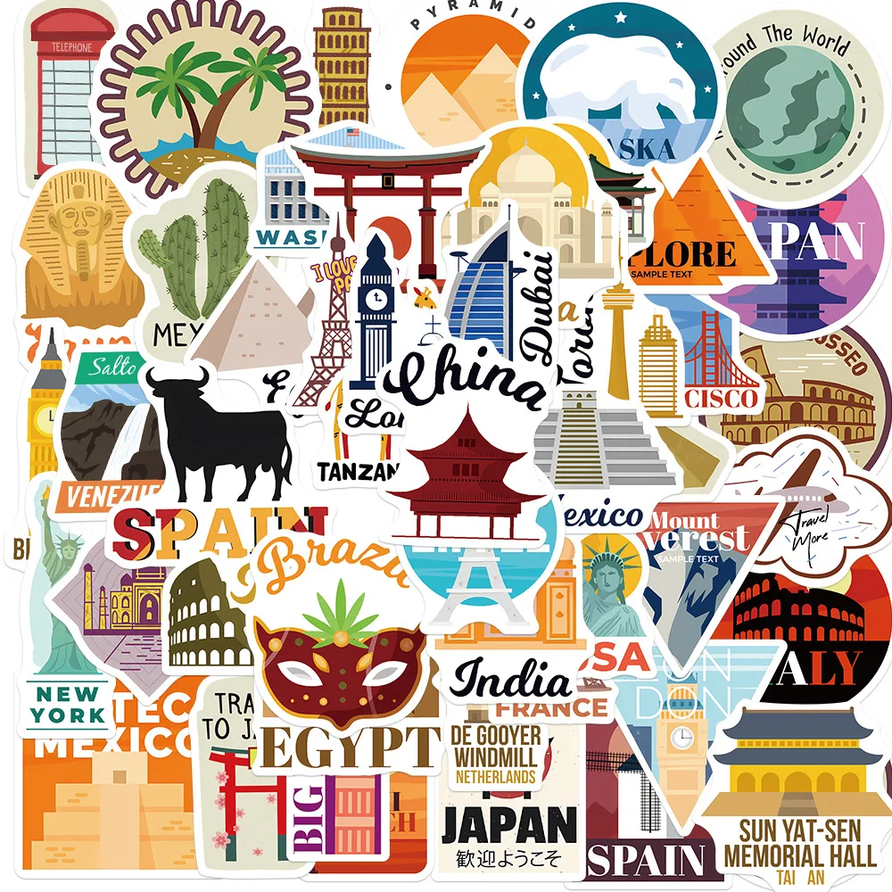 

10/25/50Pcs World Travel Landmark Building Graffiti Stickers Decals Scrapbook Laptop Luggage Car Decoration Cartoon Sticker Toys