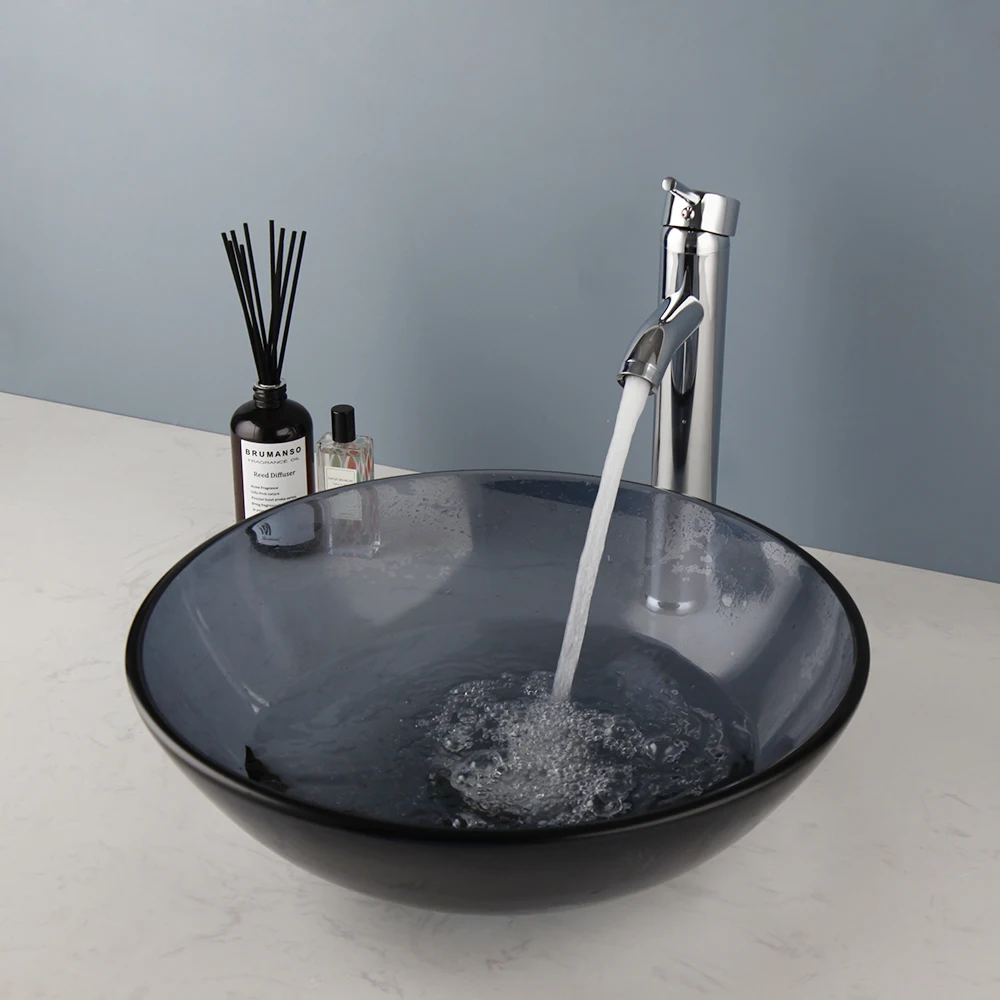 ZAPPO Bathroom Sink Tempered Glass Basin Above Counter Grey Vessel Sink Bowl Bathroom Vessel Sink Chrome Faucet W/ Drain Combo 4