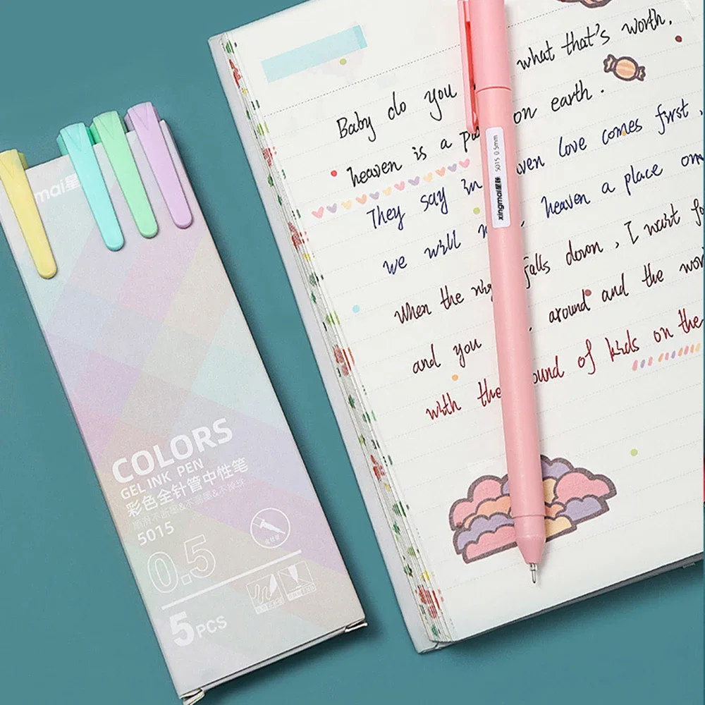 5Pcs/box Retro Kawaii Diverse Color Gel Pen Set 0.5mm Fine Tip Ballpoint Pen for Students To Write on School Stationery 4