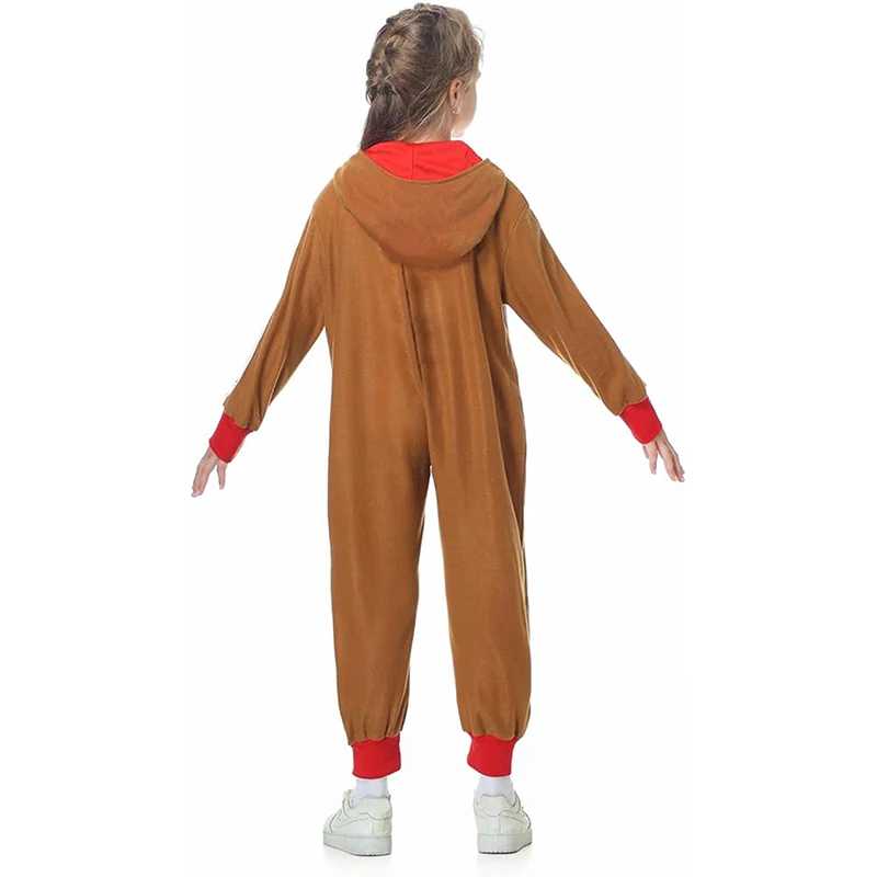 Kids Christmas Gingerbread Man Costume Deluxe Long Sleeve Bowtie Jumpsuit Holiday Cosplay Outfit with Hat and Shoes 3