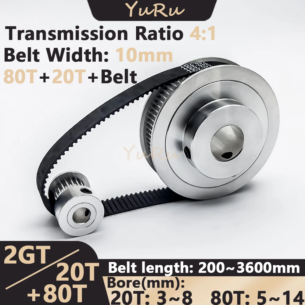 Dentes Gt2 20t 80t Conjunto de Correia de Polia Dentada Furo 14 14 mm Largura da Correia 10 mm Tensão Roda Kit de Correia de Polia Síncrona 2gt 2m 20 80