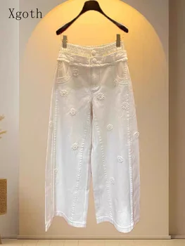 Xgoth Spring and Autumn New Fashion Versatile Loose Casual 3D Daisy Decoration White Jeans for Women High Waist Wide Legs Pants 1