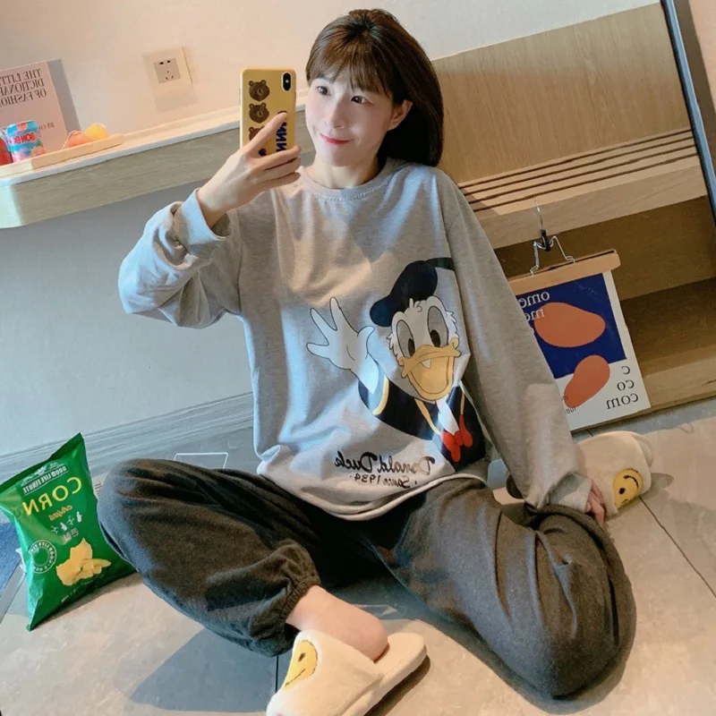 

Pajamas Donald Duck Mickey Women's Spring and Autumn Long Sleeve Pants Thin Pajamas Cartoon Casual Homewear Two Piece Set