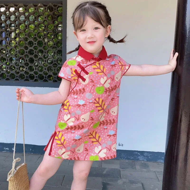 

3Colors Cute Chinese Traditional Floral Print Cherry Cheongsam For Girls Hanfu Short Sleeve Dress Chinese Knot Summer Kids