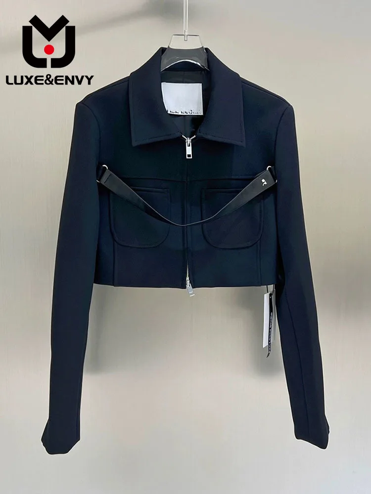 

LUXE&ENVY Niche Design Minimalist Cool Sa Three-dimensional Cut Metal Zipper Short Black Suit Jacket 2023 Autumn