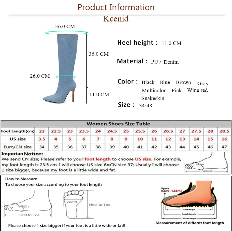 Kcenid Winter Knee High Boots For Women High Heels Pointed Toe Sexy Snakeskin Print Long Boots Fashion Denim Party Shoes Size 48