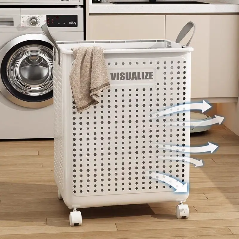Household Large Capacity Foldable Dirty Clothes Basket Organizer Dirty Clothes Basket Home Bathroom Storage Basket with Wheel