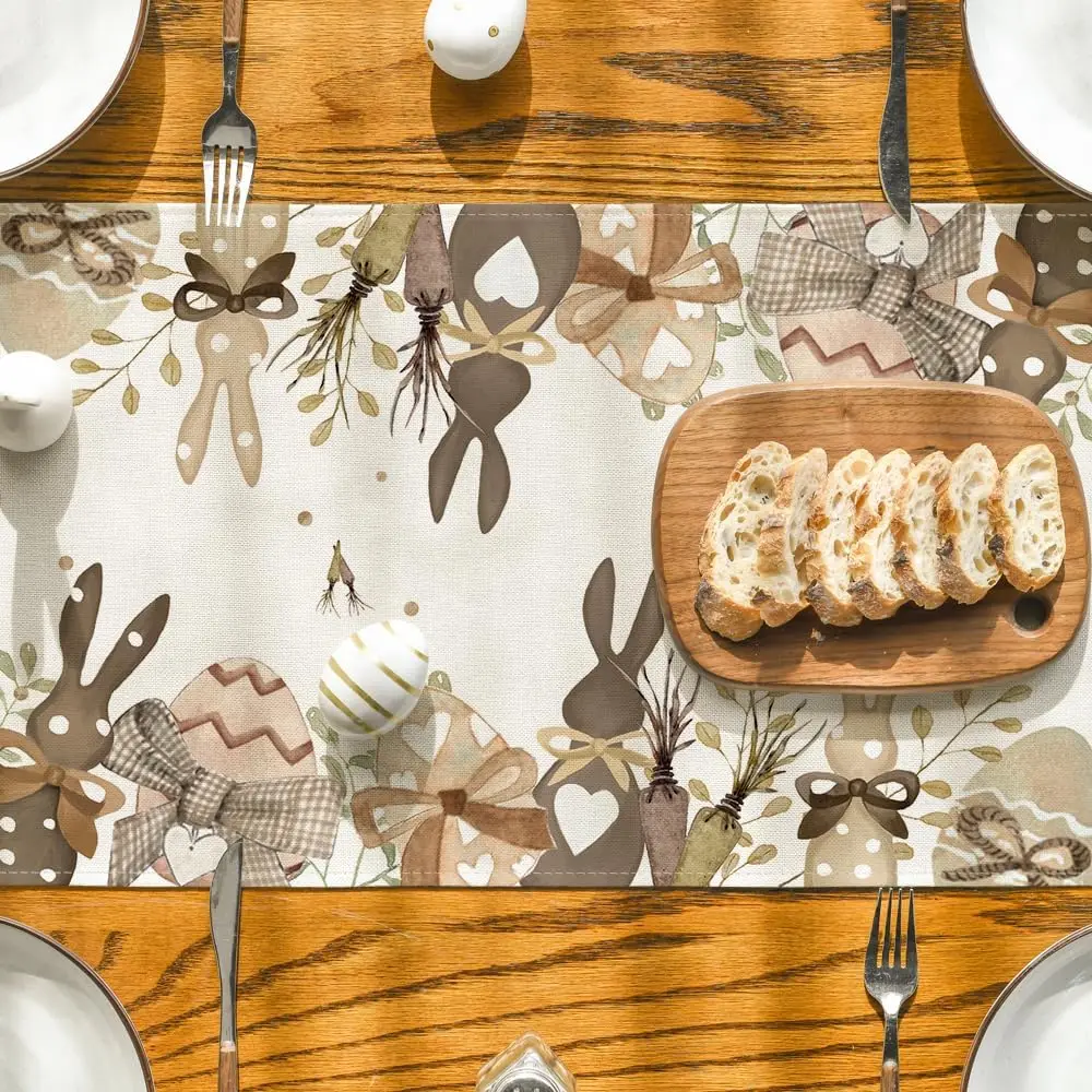 Easter Bunny Egg Carrot Bowknot Leaves Linen Table Runner Party Decor Spring Kitchen Dining Table Runner Easter Decorations 4