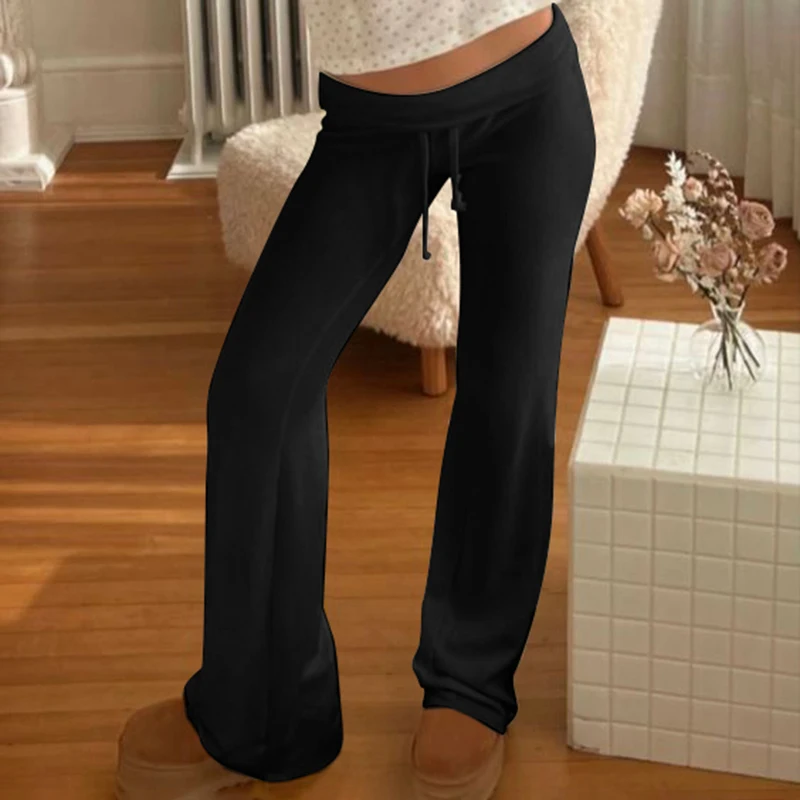 Cuteandpsycho Casual Solid Basic Pants Y2K Chic Floor Length Bottoms Vintage Aesthetic Mid Waist Drawstring Straight Trousers 5