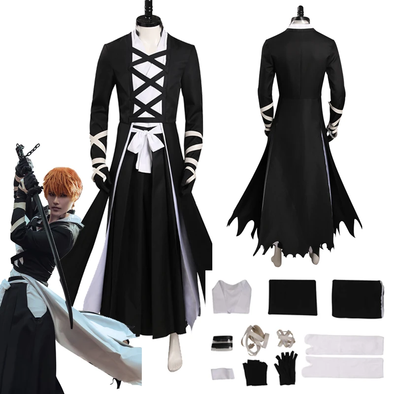 

Anime BLEACH Kurosaki Ichigo Cosplay Costume Outfits Men Black Long Coat Jacket Set Clothing Halloween Carnival Disguise Suits