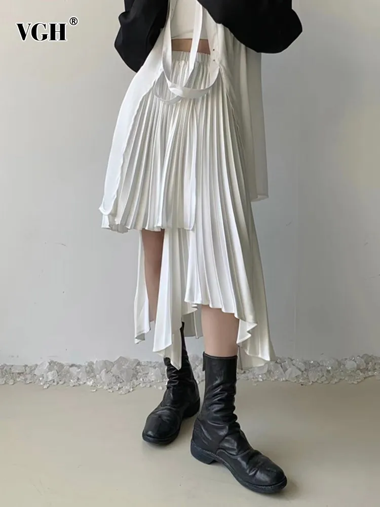 

VGH Solid Elegant Patchwork Folds Skirts For Women High Waist Irregular Hem Temperament Skirts Female Fashion Clothes Style New
