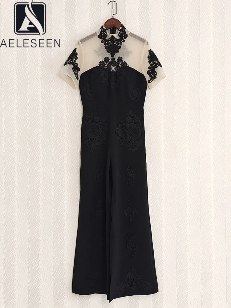 

AELESEEN Runway Fashion Women Summer Jumpsuits High Quality Flower Embroidery Black White Slim Elegant Party Holiday Rompers