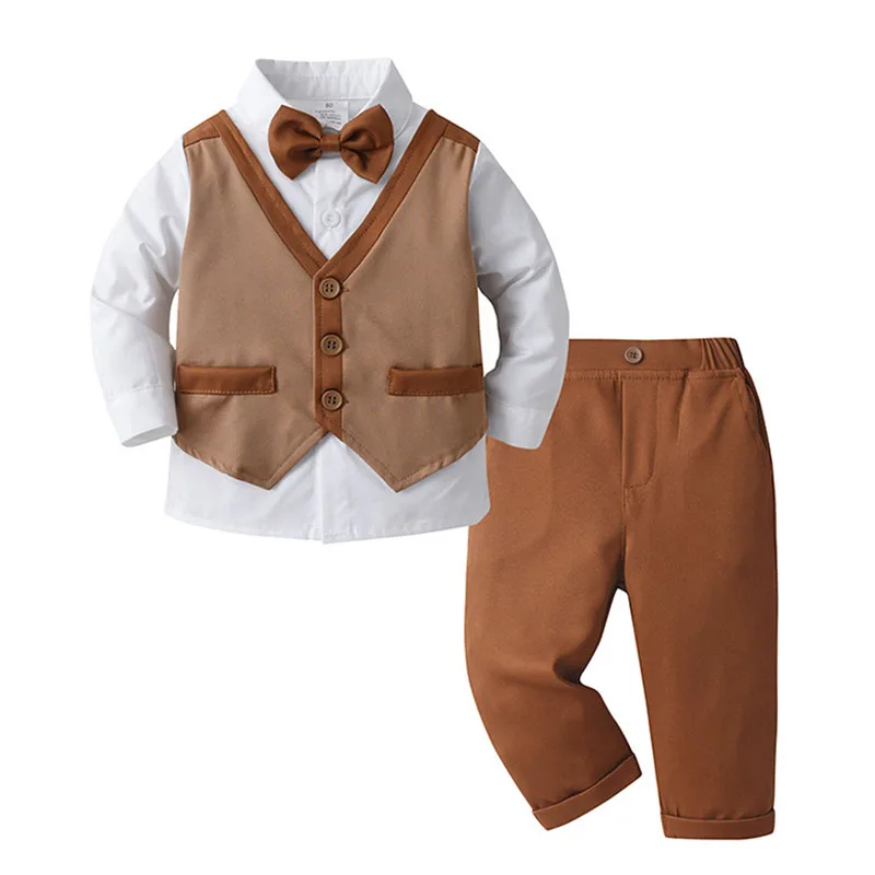 

Baby Boys Clothes Set Long Sleeve Fake Vest Two Bowtie Shirt Tops+ Trousers 2Pcs Sets Kids Boys Formal Suits Gentleman Clothing