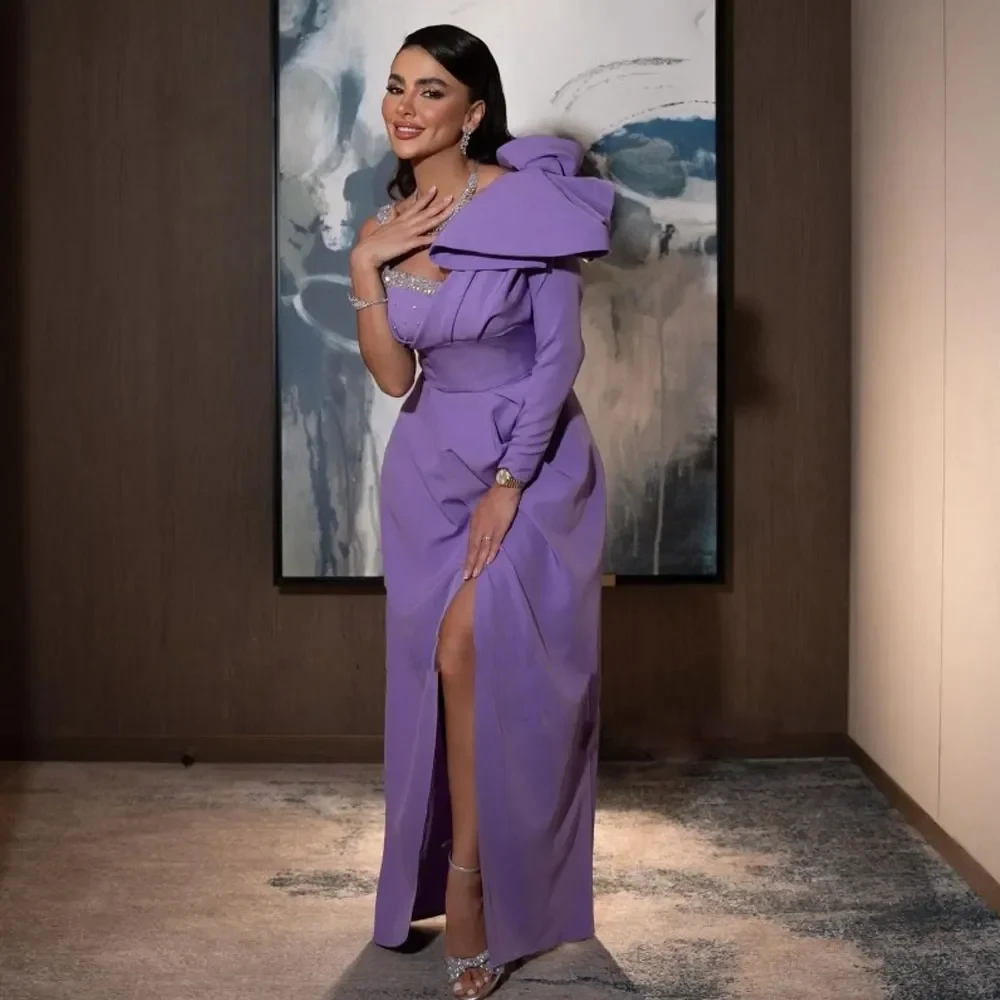 

New Purple Satin Mermaid Evening Dresses Side Split One Shoulder Party Prom Gowns Pleated Floor Length Special Occasion Dress