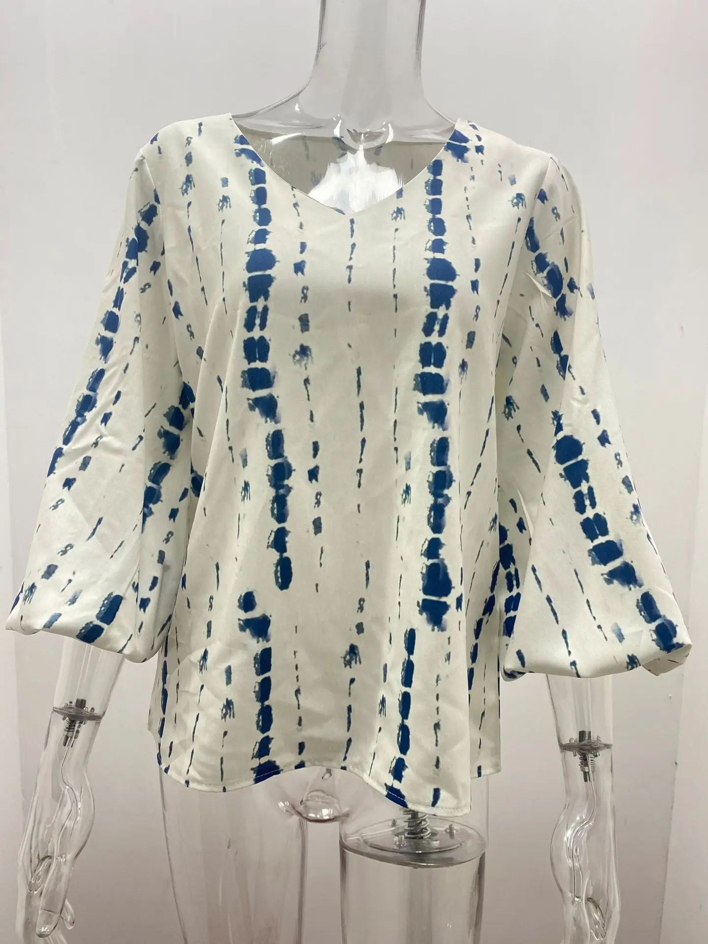 Frauen V-ausschnitt Tie Dye Leopard Print Bluse Shirts Casual Langarm Lose Pullover Bluse Tops BNS-H6651_voghion.com