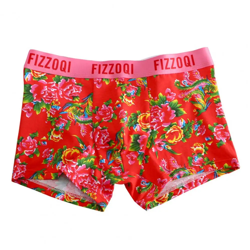 

Men Underpants Bright Color Flower Print Mid Waist Soft Breathable Anti-septic U Convex Quick Dry Tummy Men Boxers Underwear