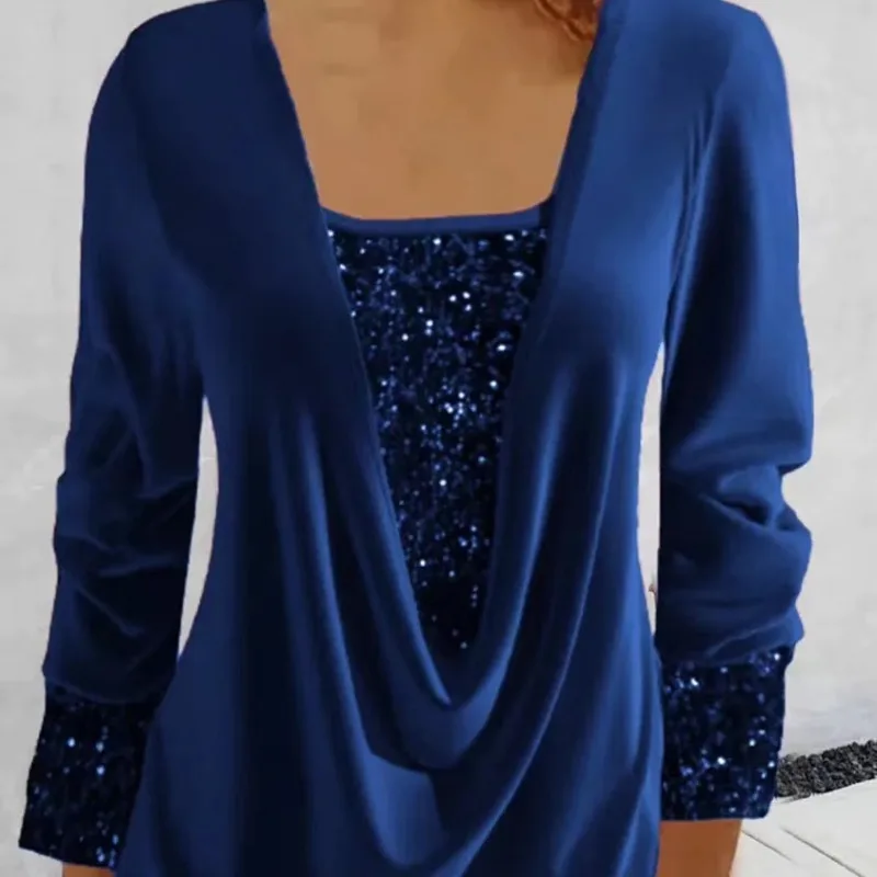 

Spring and Autumn Women's Pullover Square Neck Solid Sequin Panel Drawstring Bandage Long Sleeve T-shirt Underlay Casual Tops