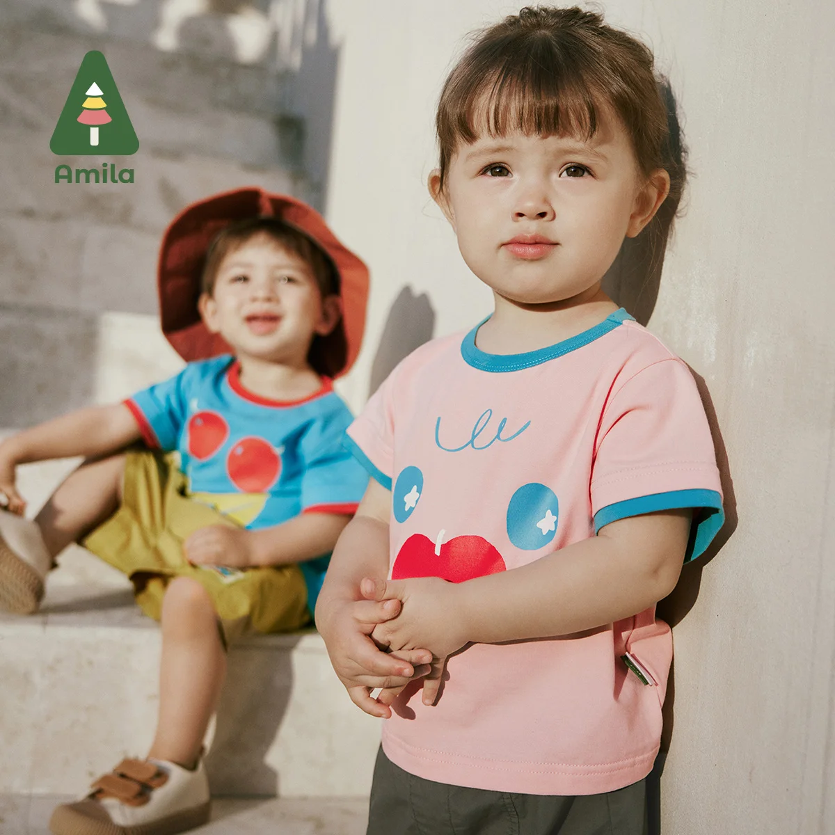 Amila Baby T-shirt Summer New Fun Fruit Emoticon Print Soft Wicks Sweat Short Sleeve Boys and Girls Clothing