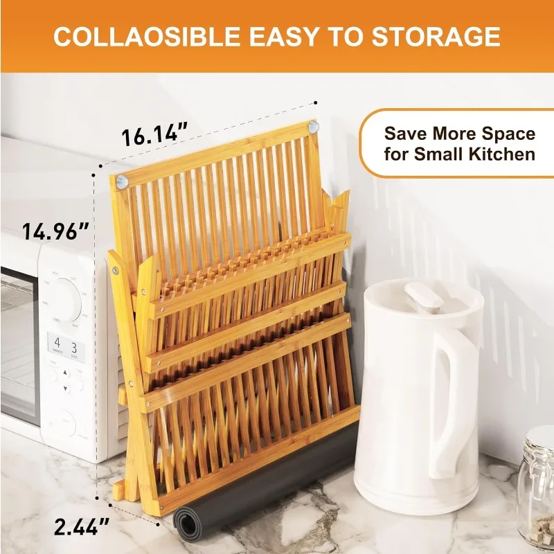 Bamboo Dish Drying Rack with Utensil Holder, 3 Tier Collapsible Dish Rack, Wooden Dish Racks for Kitchen Counter 4