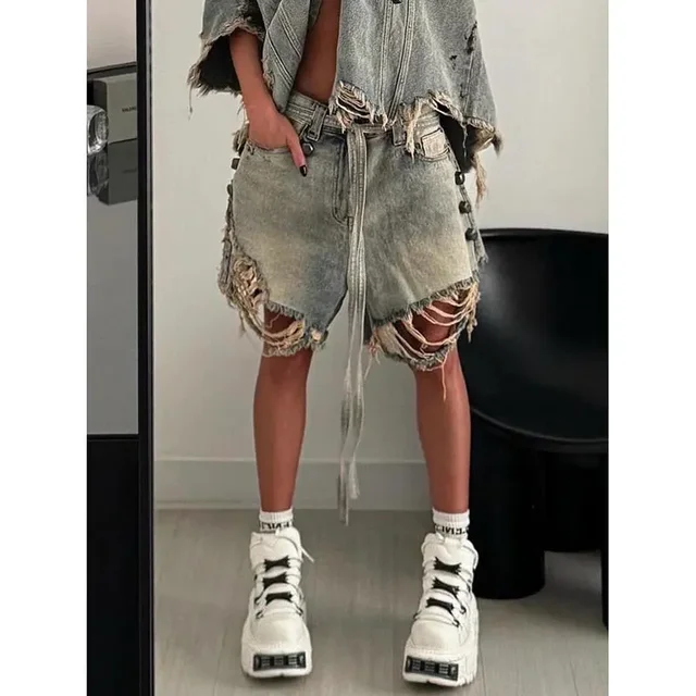 Jean déchiré Vintage Harajuku pour femmes, coupe ample, Y2K, dommages Emo Trashy, longueur mollet, Kpop Baggy, pantalon en Denim délavé 1