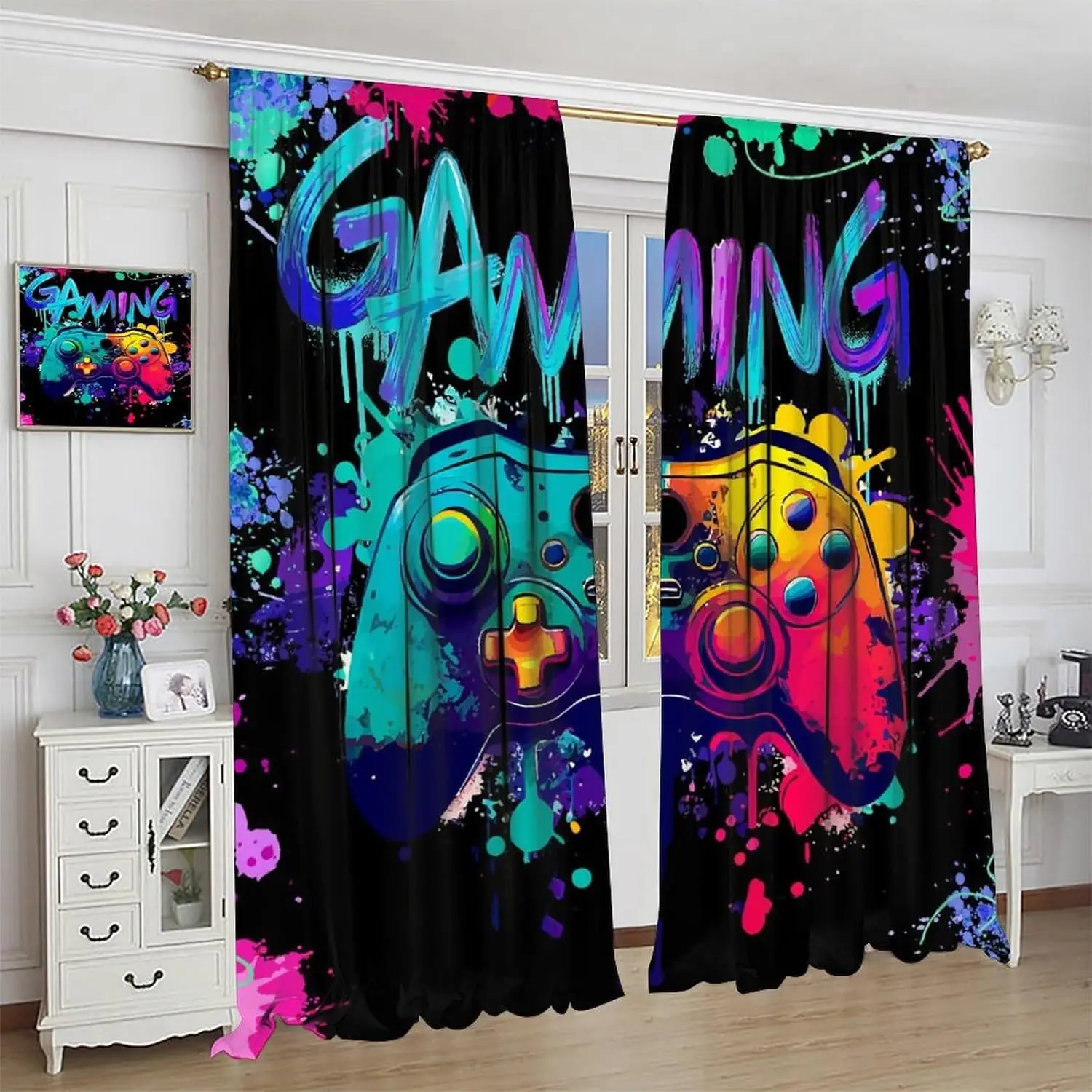 ผ้าม่านลายการ์ตูนเกม จอยเกม เด็กชาย เด็กหญิง วัยรุ่น ห้องนอน ผ้าม่านตกแต่งนีออนสำหรับห้องครัว ห้องนั่งเล่น ชุดผ้าม่าน 2 แผง 1