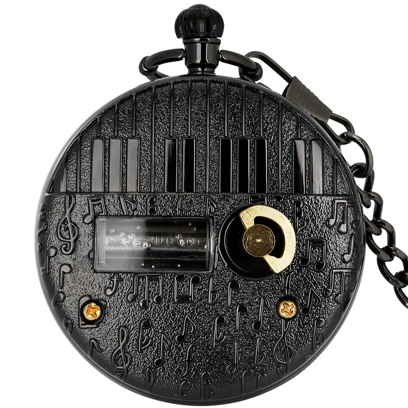 Steampunk Black Space Astronauts Case Playing Music Men Women Manual Quartz Pocket Watch Musical Clock FOB Chain Timepiece Gift