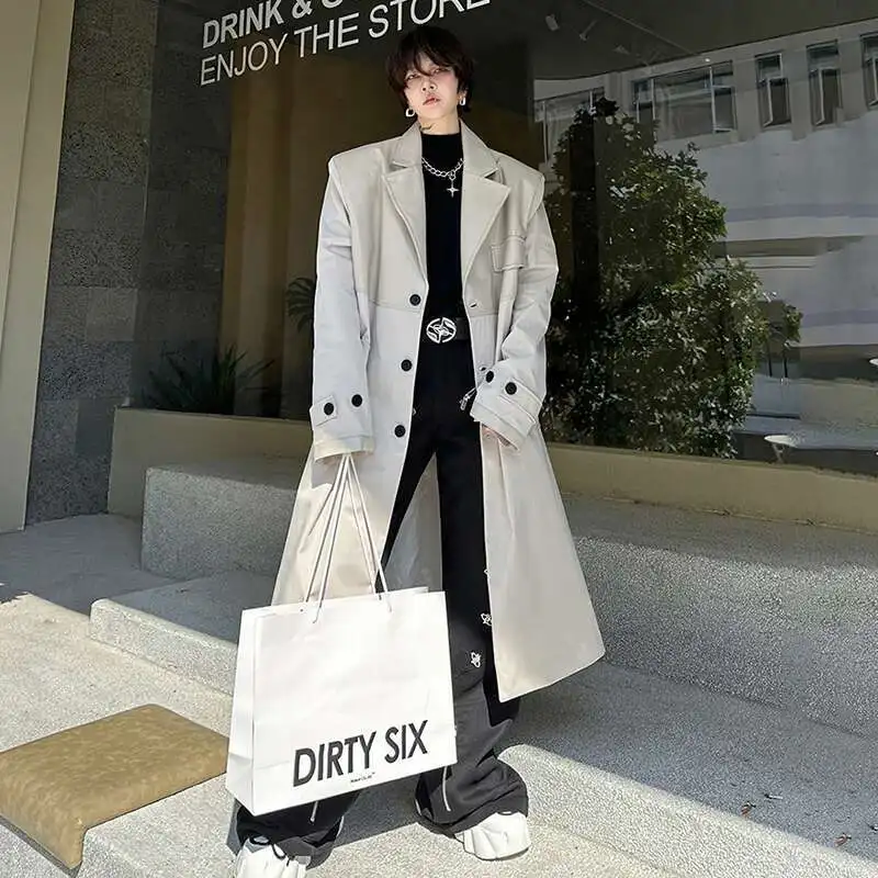 LUZHEN Korean Leather Splicing Long Trench Coat Men's Trendy Loose Knee Length Stylish Outwear Male Autumn Winter LZ5199