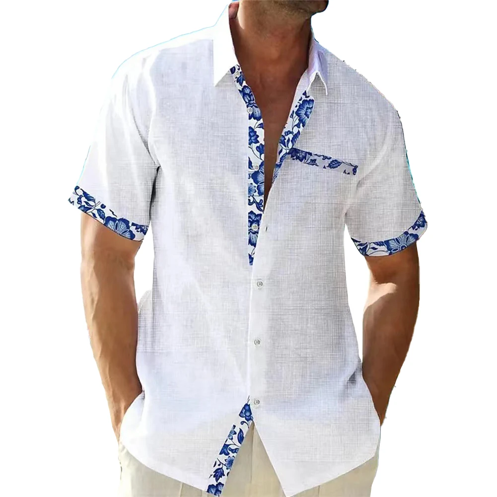 

Men\\\\\\'s Tee Shirt Loose Print Regular Short Sleeve Band Collar Blouse Button Down Collared Brand New Comfortable