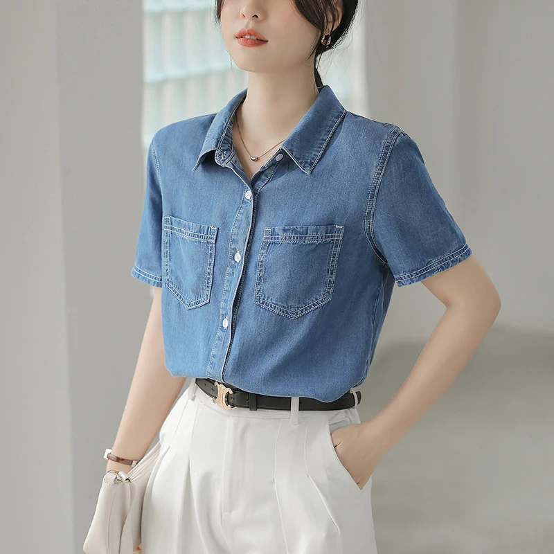 

Blue Denim Shirt Women 2024 Autumn New Single-Breasted Jeans Blouses Female Pockets Loose Fashion Lapel Cowboy Blusas