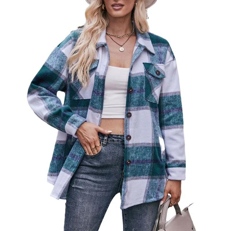 Autumn and Winter Women's Checkered Cardigan Button Coat Fashion Casual Loose Pocket Shirt Commuter High Street Elegant Tops
