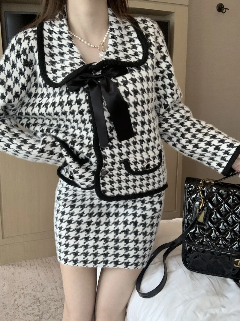 French Fragrance Set Women's Autumn Style Celebrity Thousand Bird Plaid Coat Sweater Coat A-line Half Skirt Two Piece Set