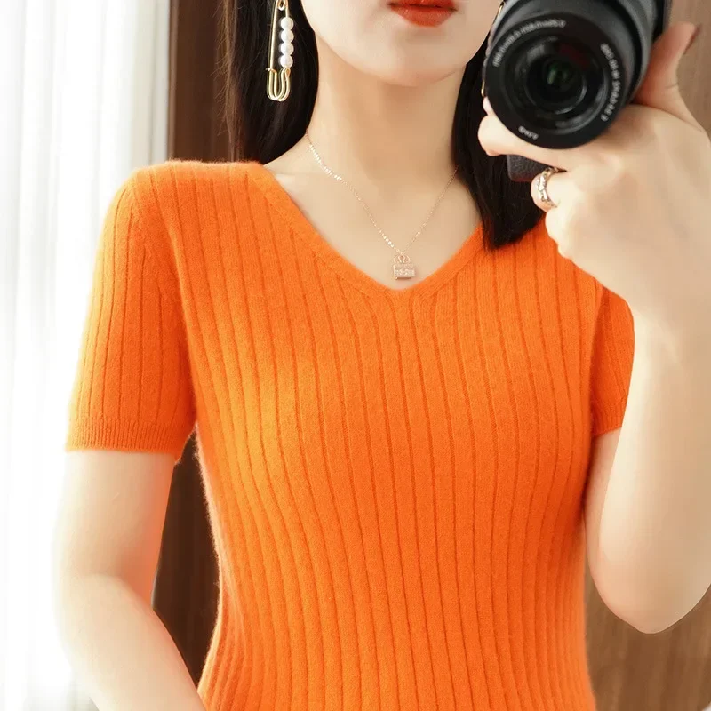 여성용 V넥 반팔 티셔츠, 한국 패션 니트웨어, 슬림핏 풀오버, 보터밍 이너 니트 탑, 2024 용수철 여름