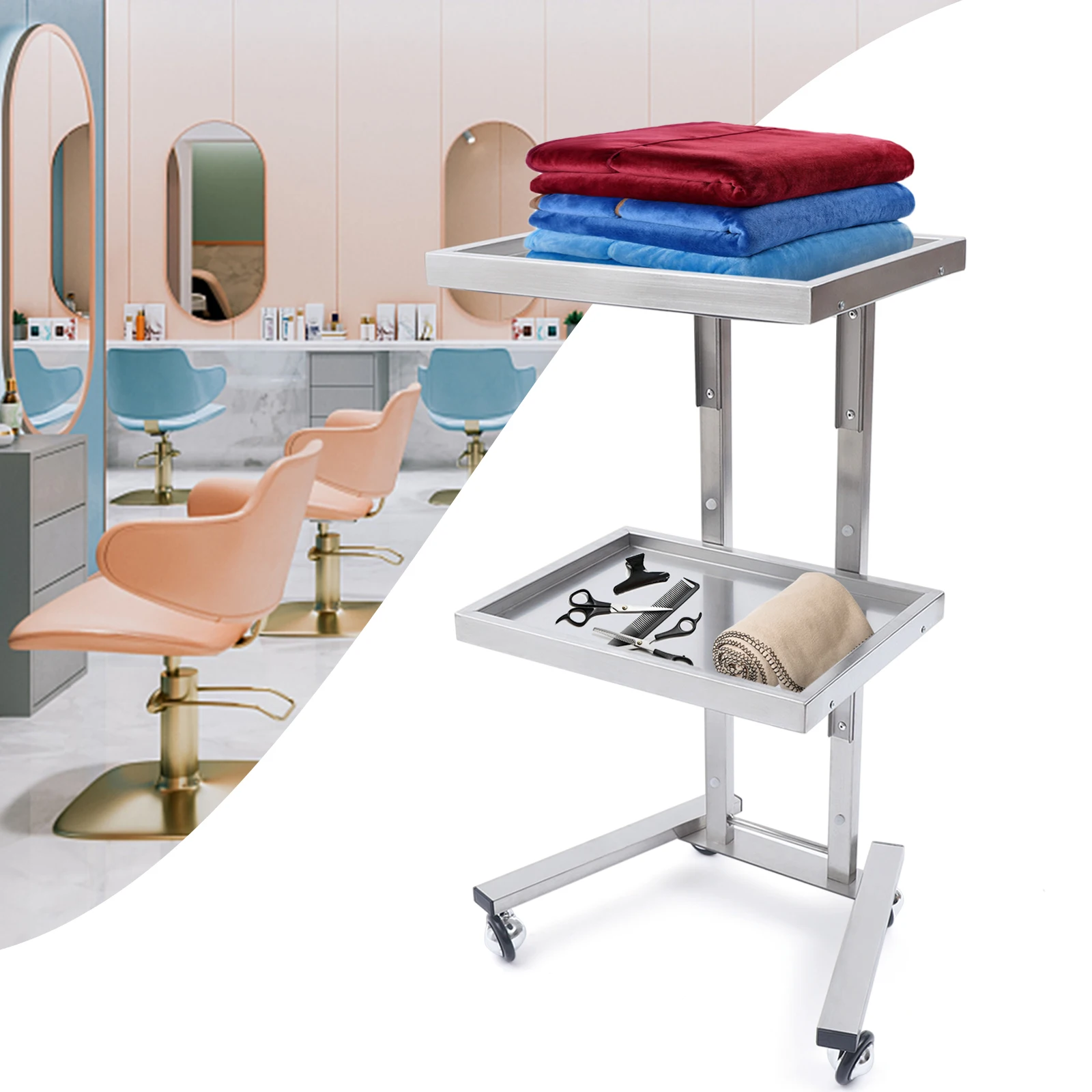 2 Floors Stainless Steel Salon Trolley Folding Cart Storage Holder with 4 Wheels Load 44lbs