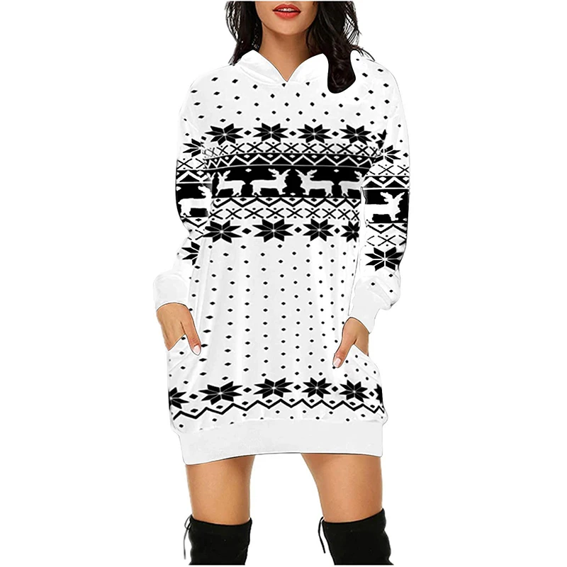 New Christmas Deer Hoodies Women Fall Winter Full Sleeve Pockets Snow Wine Cups Print Ladies Cotton Pullovers Long Sweatshirts