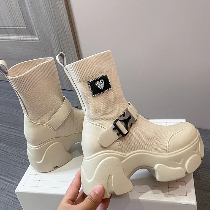 Ladies Platform Mid Boots Autumn and Winter High-sole Breathable Slip-on Knitted Elastic High-heeled Boots for Women