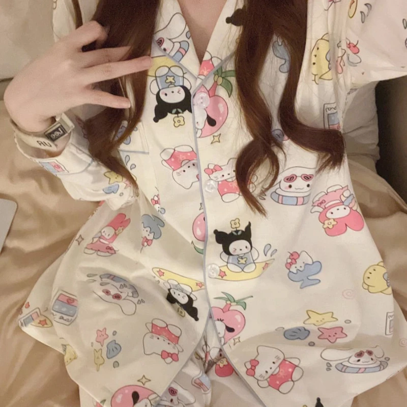 

Sanrio Hello Kitty Kuromi Cinnamoroll Pajamas Cartoon Cute Kawaii Women Spring Autumn Long-sleeve Home Clothes Suit Sleepwear