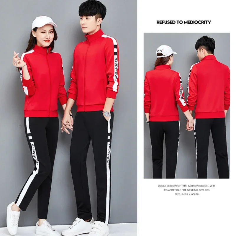 Spring and Autumn Printed Couple Sports Sets Men's Women's Long Sleeve  Zipper Coat Elastic Waist Sports Pants Two Piece Set