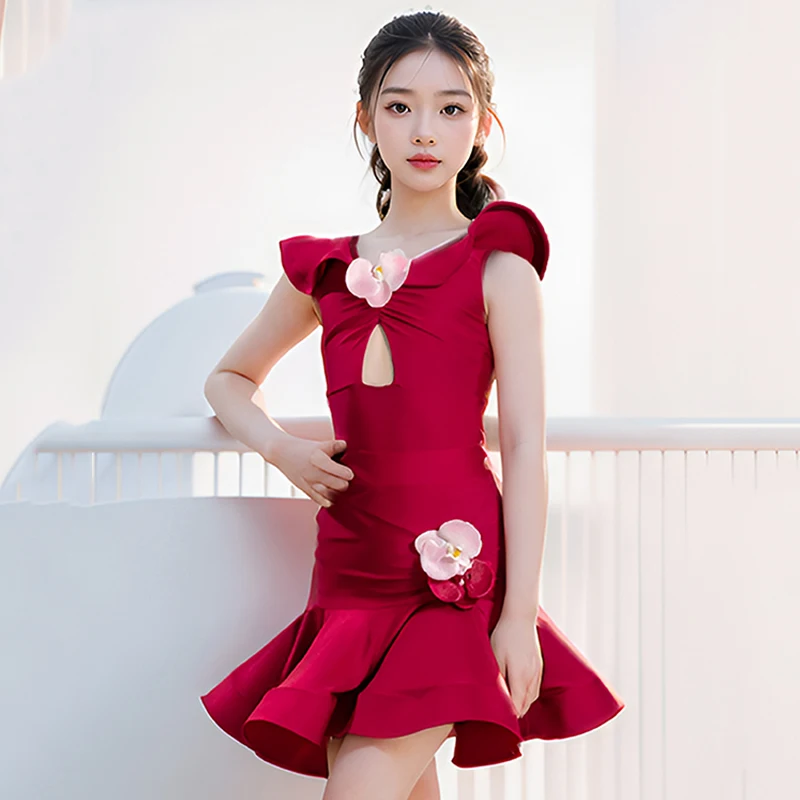 

New Girls Red Latin Dance Dress Summer Flower Performance Suit Cha Cha Dance Clothes Kids Practice Competition Clothing DNV20323