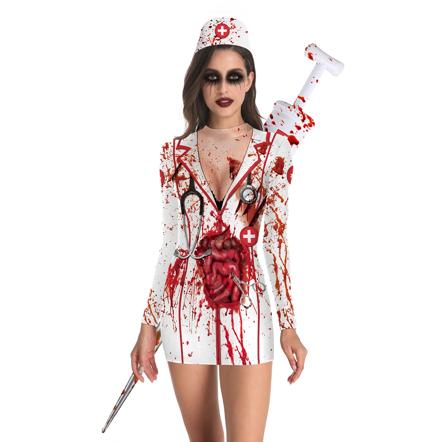 Halloween Party Anime Cosplay Costume Skeleton Pumpkin Nurse Spider Beautiful Ladies Skirt Fancy Dress Party Long Sleeve Dress